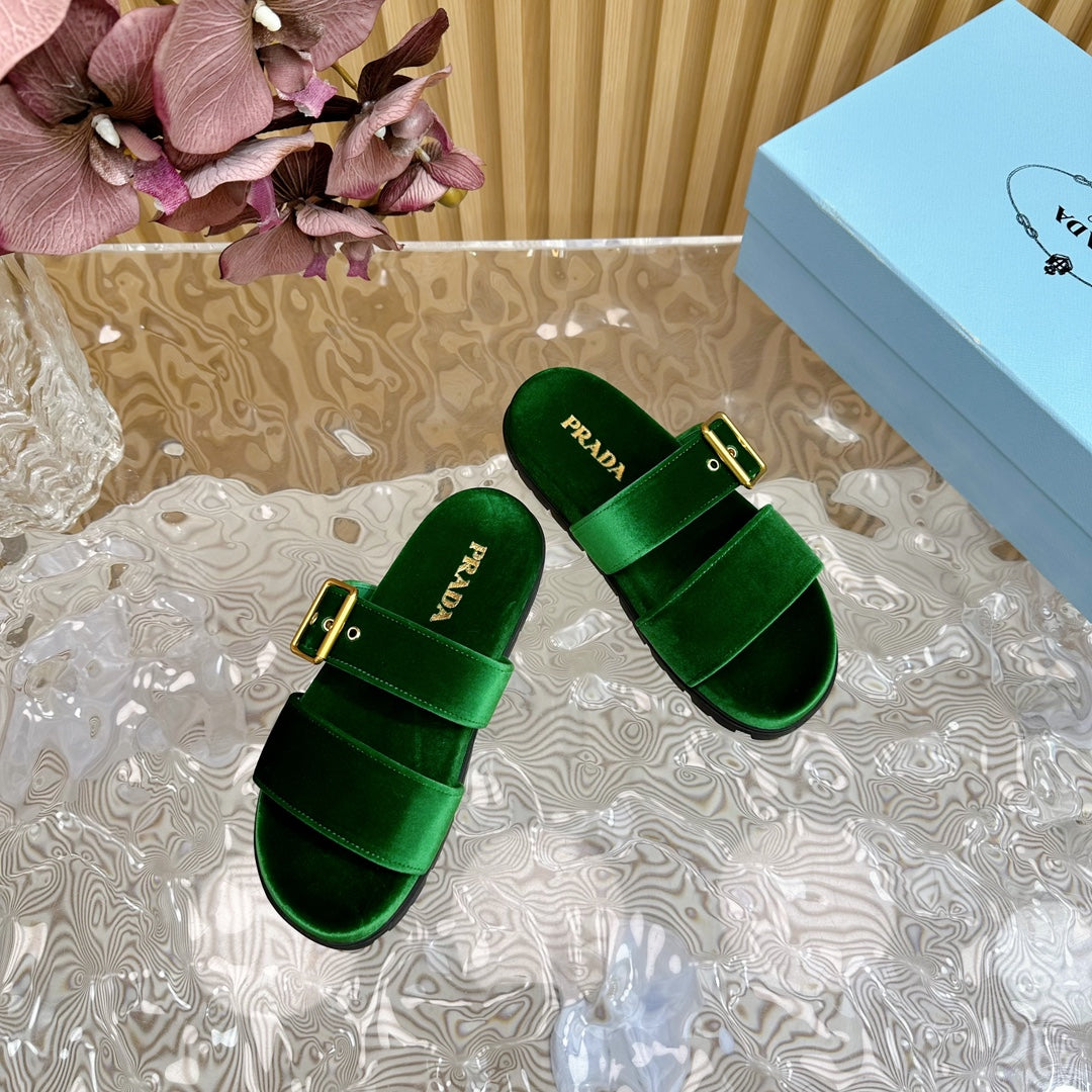 PRA SLIDES SANDALS DARK GREEN VELVET - 35