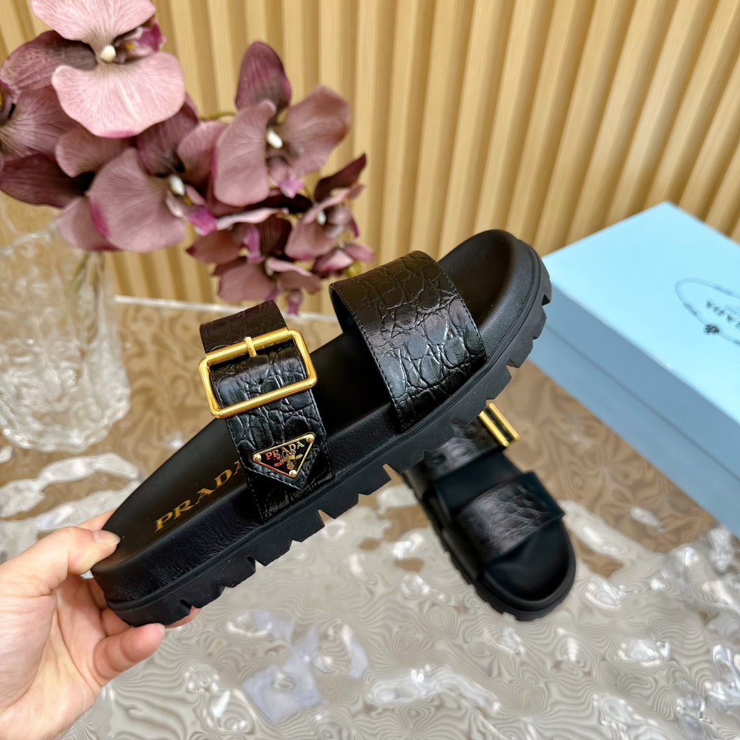 PRA CROCODILE MOTIF SLIDES SANDALS JET-BLACK CALFSKIN - 35