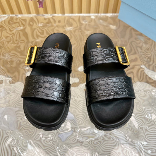PRA CROCODILE MOTIF SLIDES SANDALS JET-BLACK CALFSKIN - 35