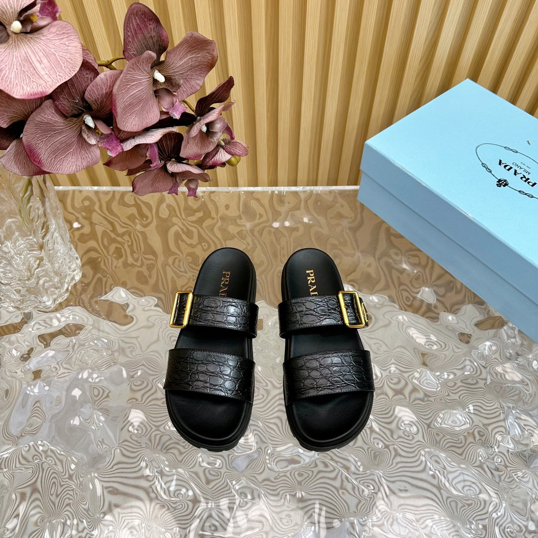 PRA CROCODILE MOTIF SLIDES SANDALS JET-BLACK CALFSKIN - 35