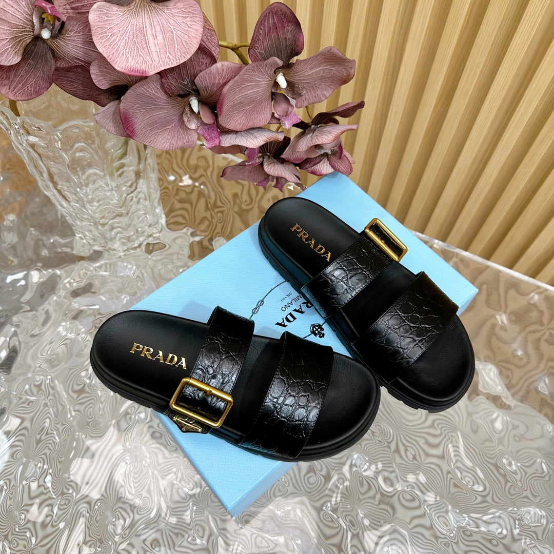 PRA CROCODILE MOTIF SLIDES SANDALS JET-BLACK CALFSKIN - 35