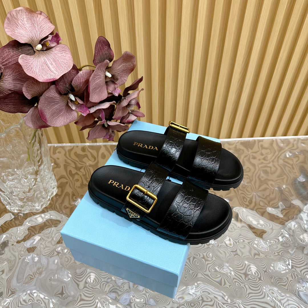PRA CROCODILE MOTIF SLIDES SANDALS JET-BLACK CALFSKIN - 35