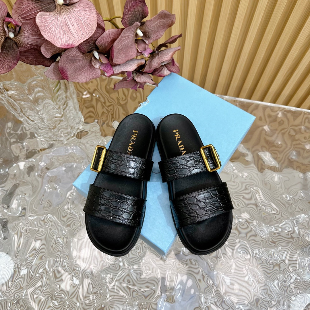 PRA CROCODILE MOTIF SLIDES SANDALS JET-BLACK CALFSKIN - 35