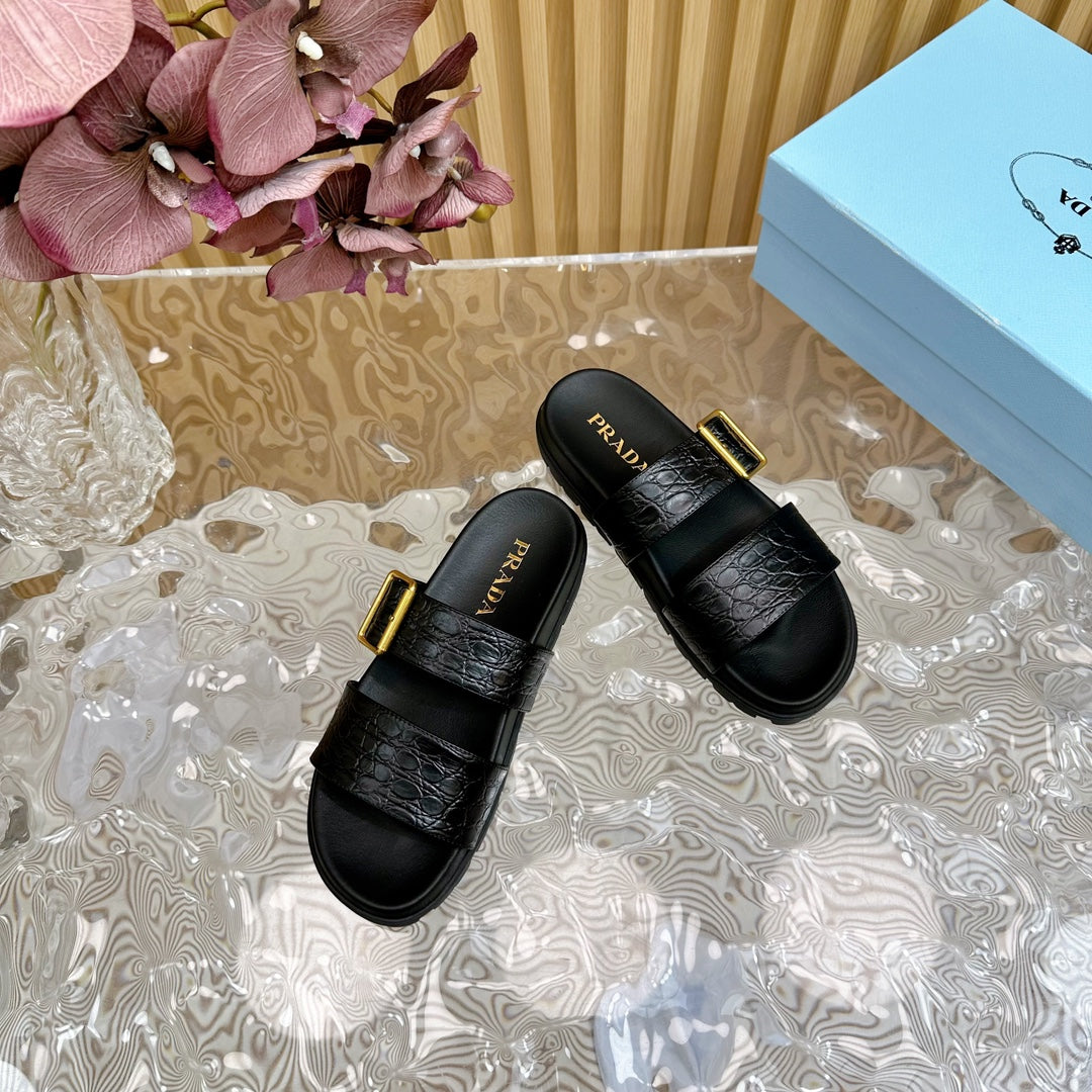 PRA CROCODILE MOTIF SLIDES SANDALS JET-BLACK CALFSKIN - 35