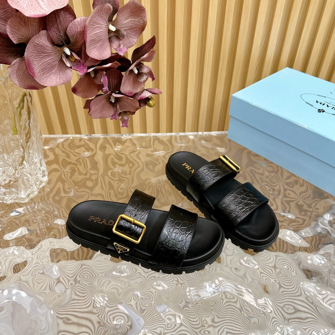 PRA CROCODILE MOTIF SLIDES SANDALS JET-BLACK CALFSKIN - 35