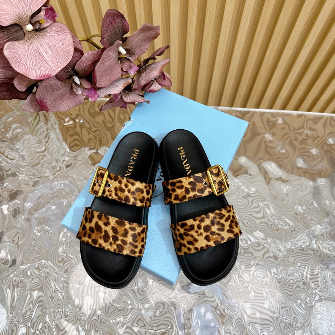 PRA LEOPARD MOTIF SLIDES SANDALS BLACK CALFSKIN - 35