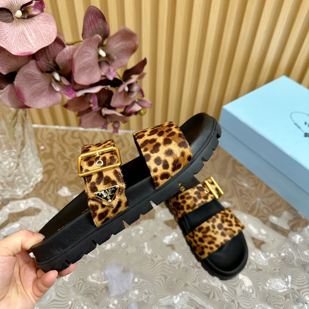PRA LEOPARD MOTIF SLIDES SANDALS BLACK CALFSKIN - 35