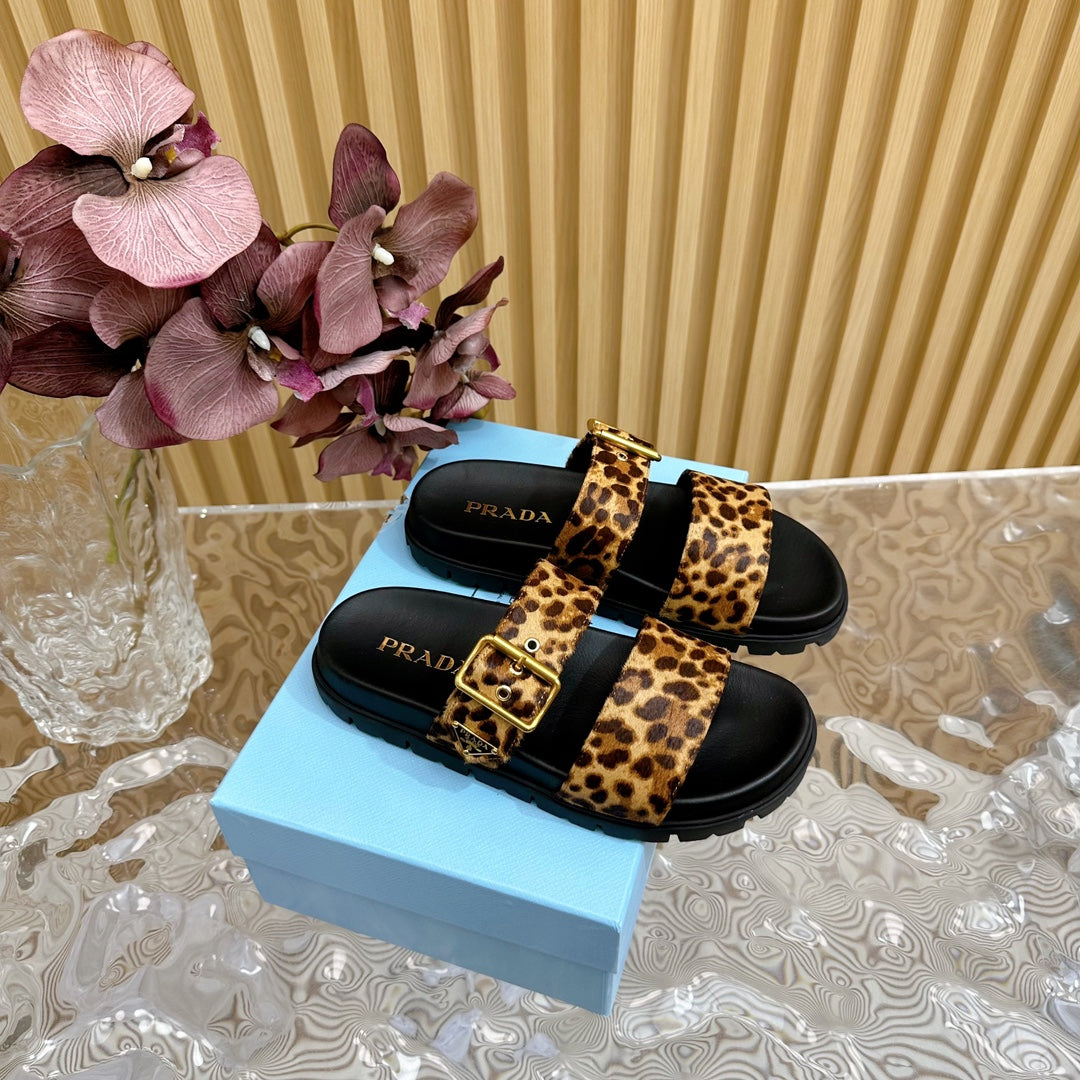 PRA LEOPARD MOTIF SLIDES SANDALS BLACK CALFSKIN - 35