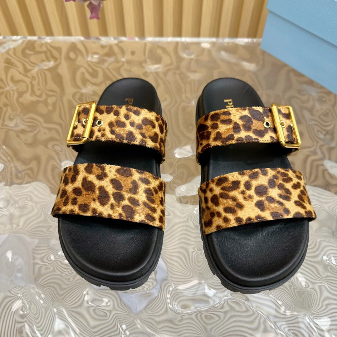 PRA LEOPARD MOTIF SLIDES SANDALS BLACK CALFSKIN - 35