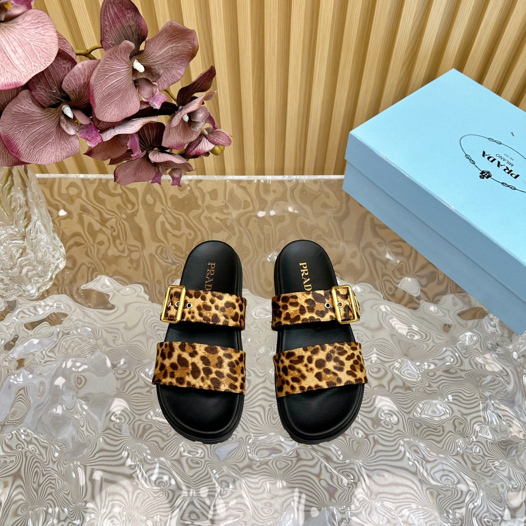 PRA LEOPARD MOTIF SLIDES SANDALS BLACK CALFSKIN - 35