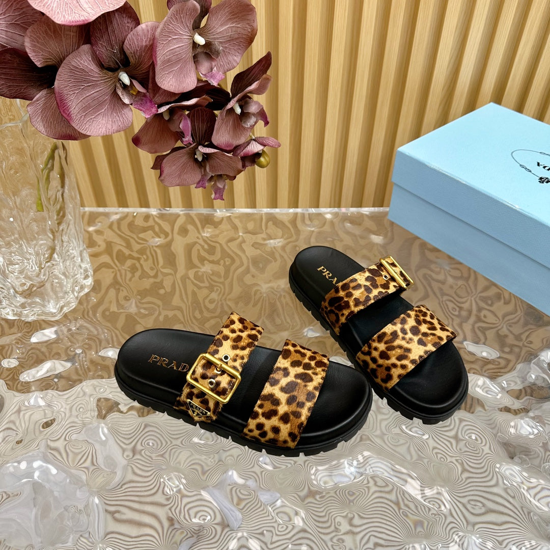 PRA LEOPARD MOTIF SLIDES SANDALS BLACK CALFSKIN - 35