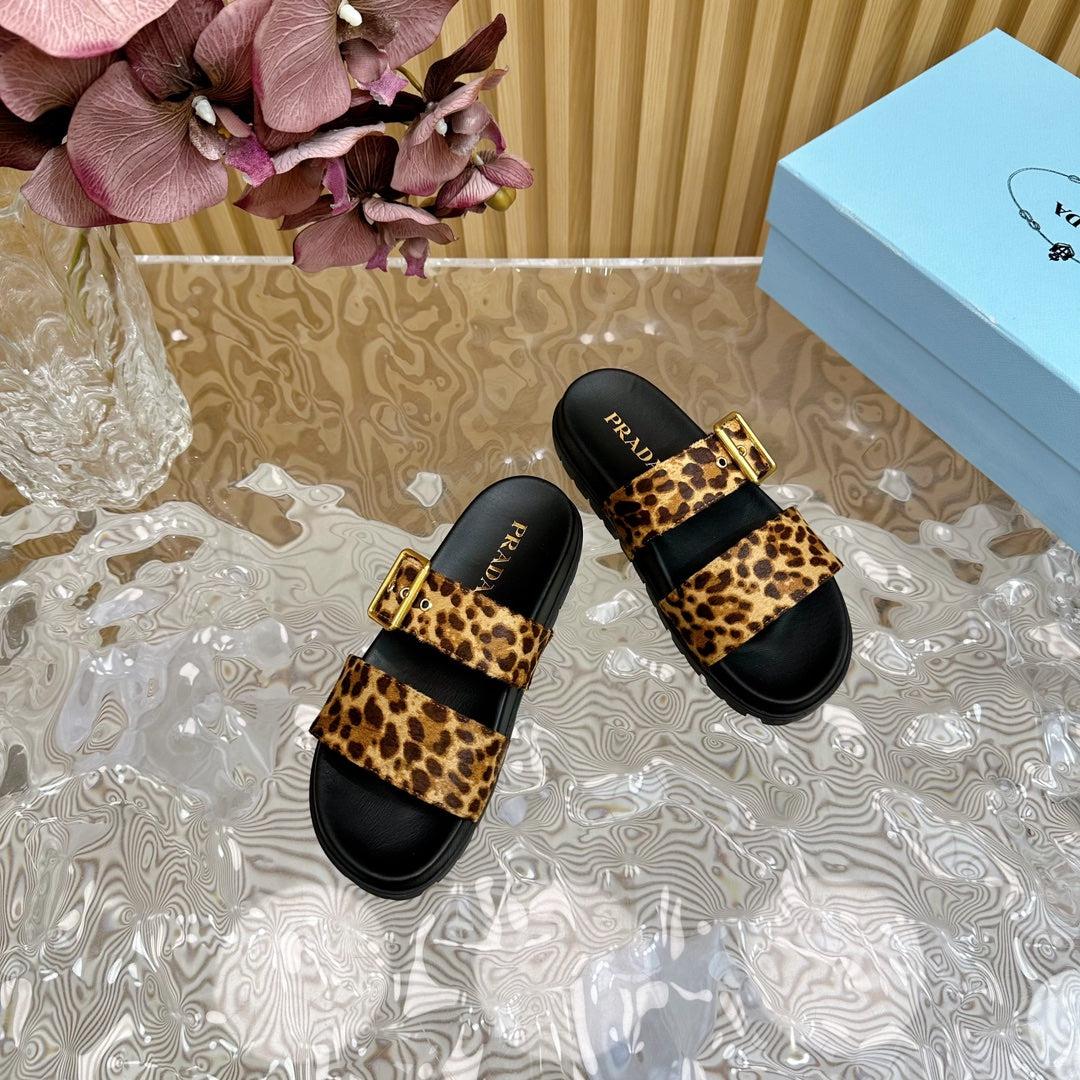 PRA LEOPARD MOTIF SLIDES SANDALS BLACK CALFSKIN - 35
