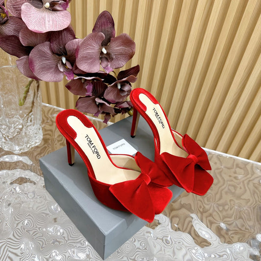 БОСОНІЖКИ НА ВИСОКИХ ПІДБОРАХ 10 CHERRY RED Оксамит З БАНТОМ