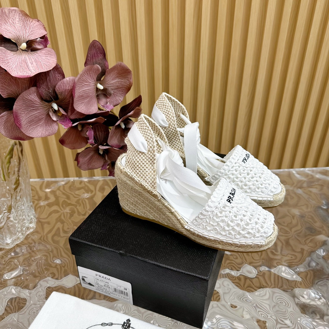 PRA ESPADRILLE WEDGE SANDALS WHITE RAFFIA - 35