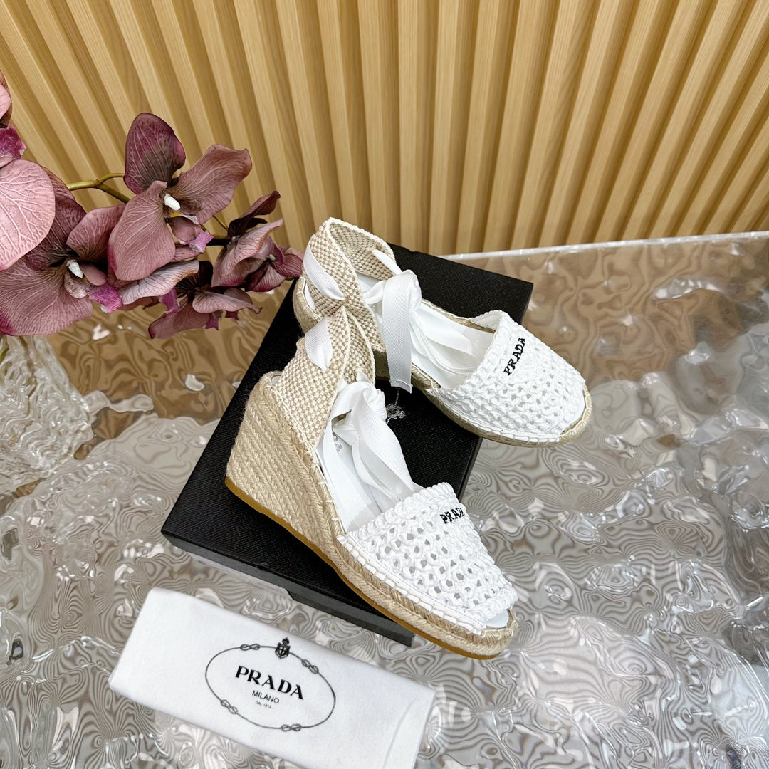 PRA ESPADRILLE WEDGE SANDALS WHITE RAFFIA - 35