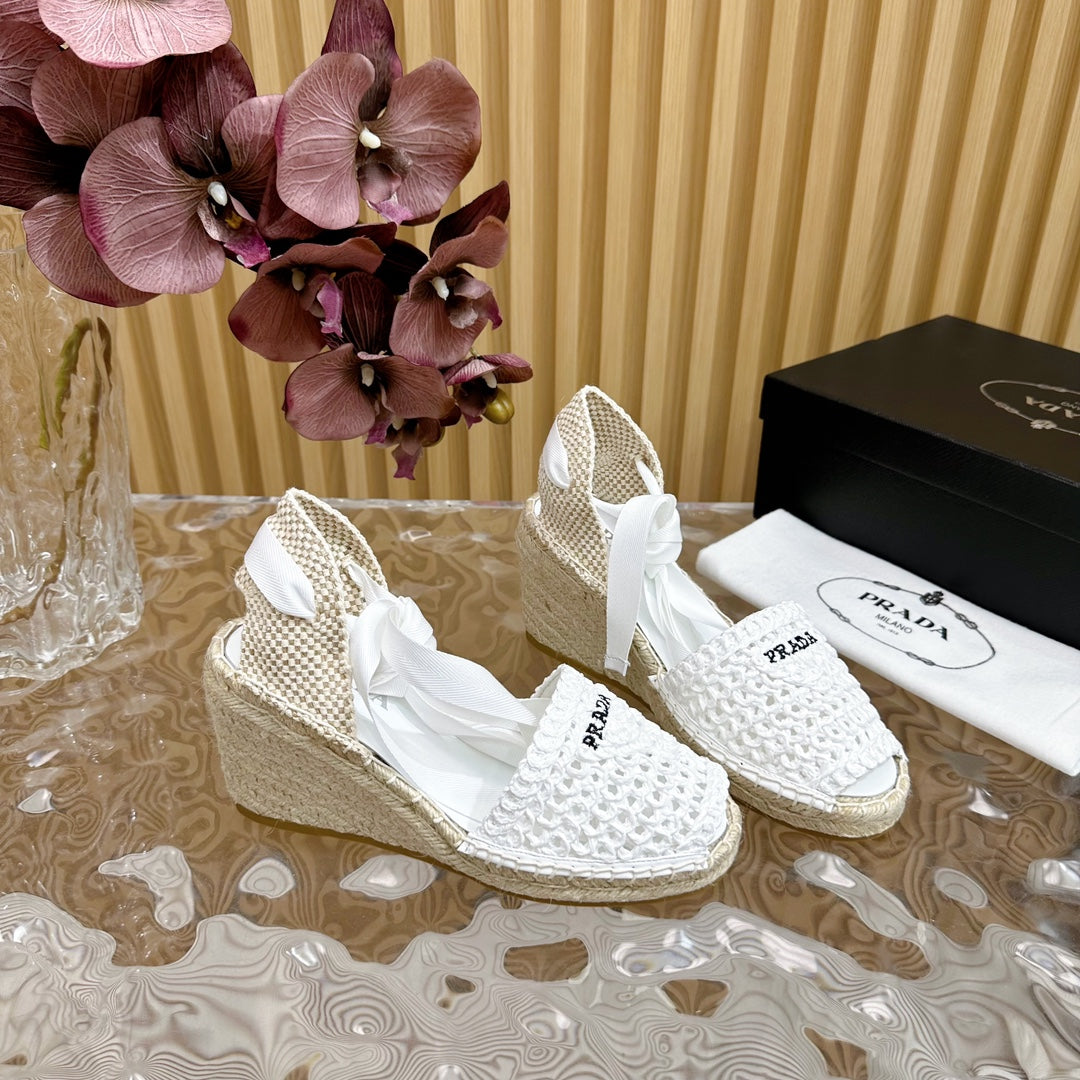 PRA ESPADRILLE WEDGE SANDALS WHITE RAFFIA - 35