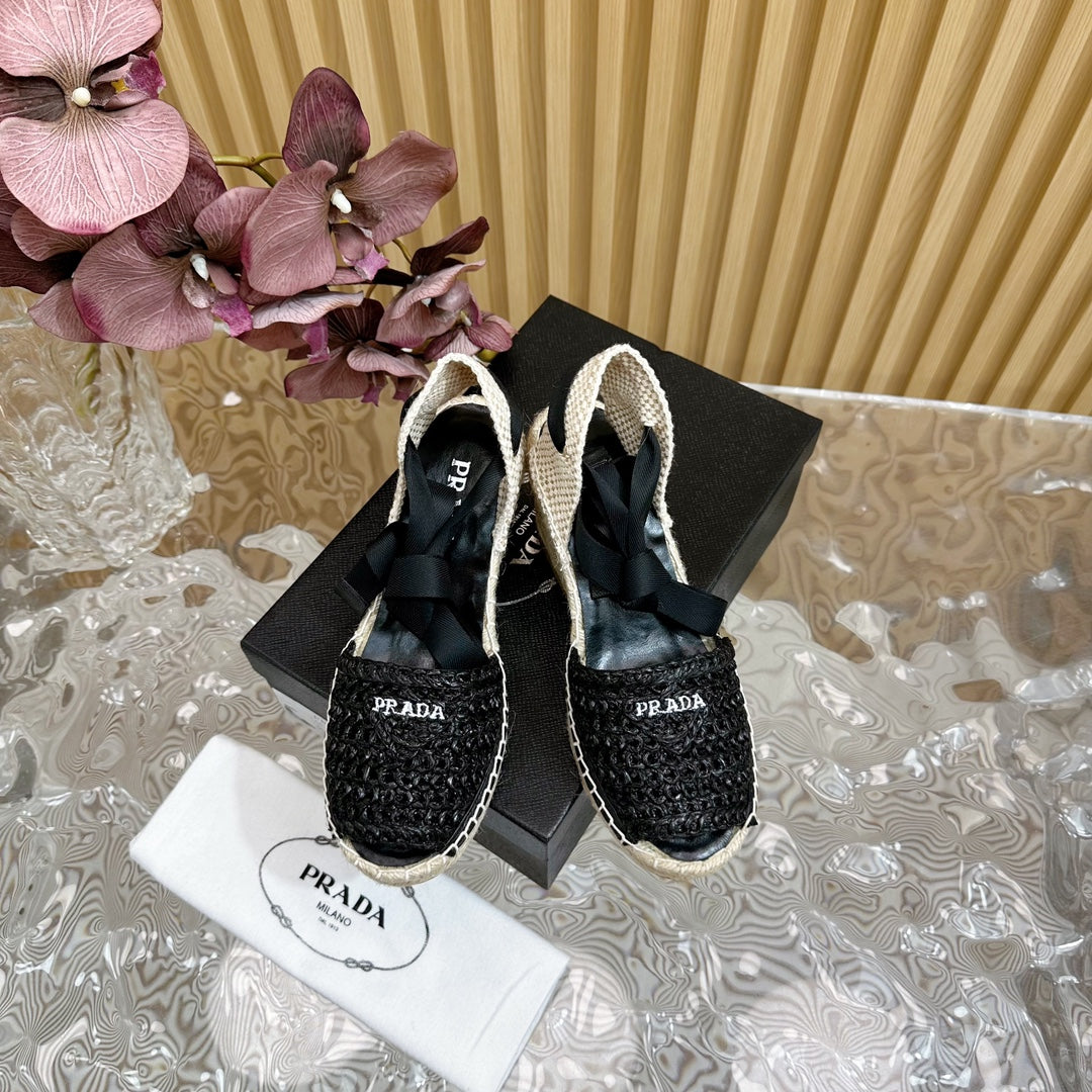 PRA ESPADRILLE WEDGE SANDALS BLACK RAFFIA - 35