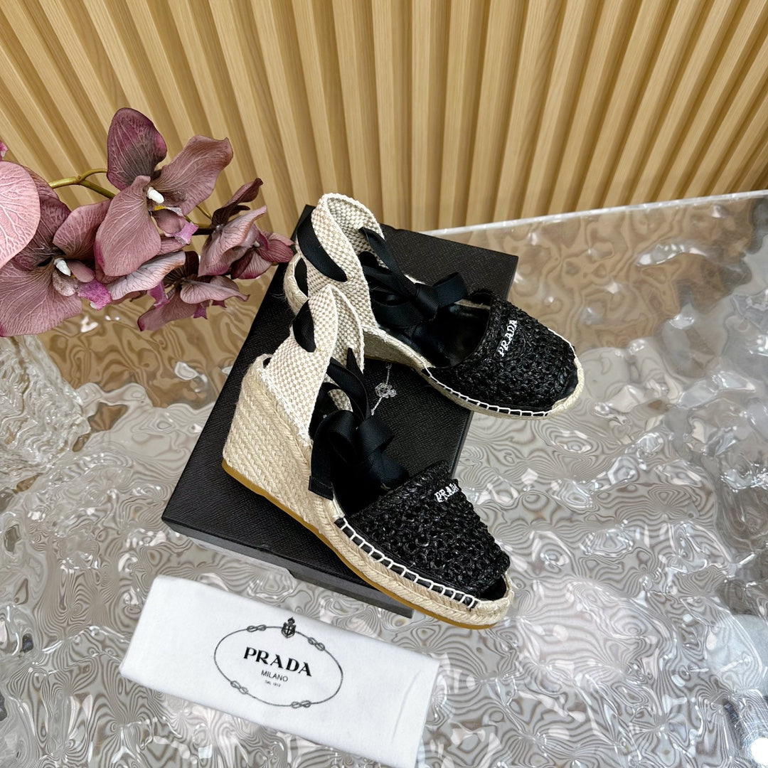 PRA ESPADRILLE WEDGE SANDALS BLACK RAFFIA - 35