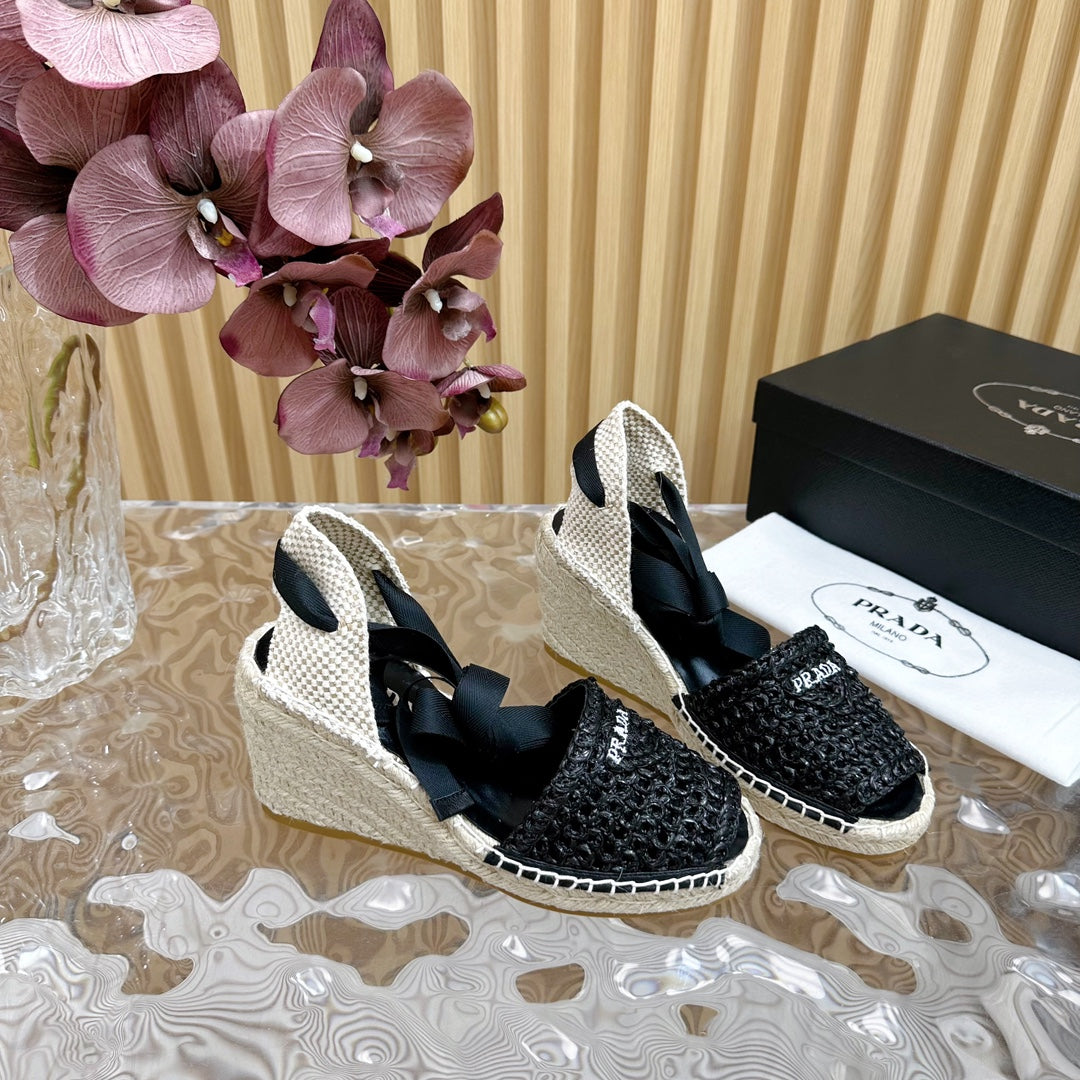 PRA ESPADRILLE WEDGE SANDALS BLACK RAFFIA - 35