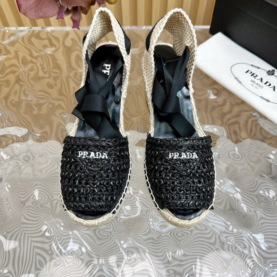 PRA ESPADRILLE WEDGE SANDALS BLACK RAFFIA - 35