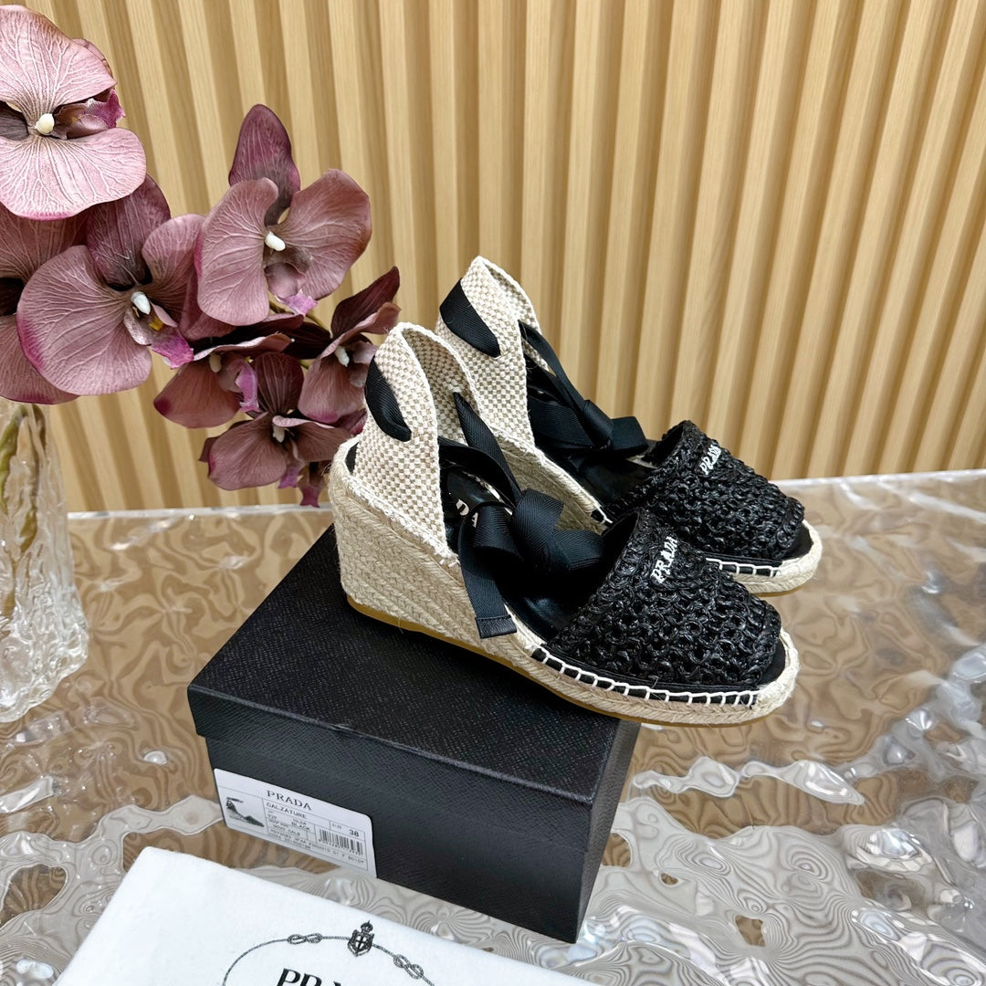 PRA ESPADRILLE WEDGE SANDALS BLACK RAFFIA - 35