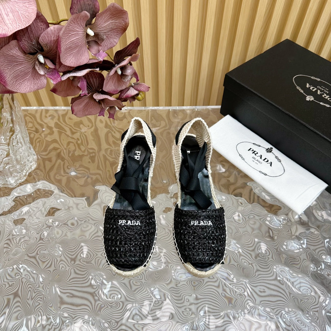 PRA ESPADRILLE WEDGE SANDALS BLACK RAFFIA - 35