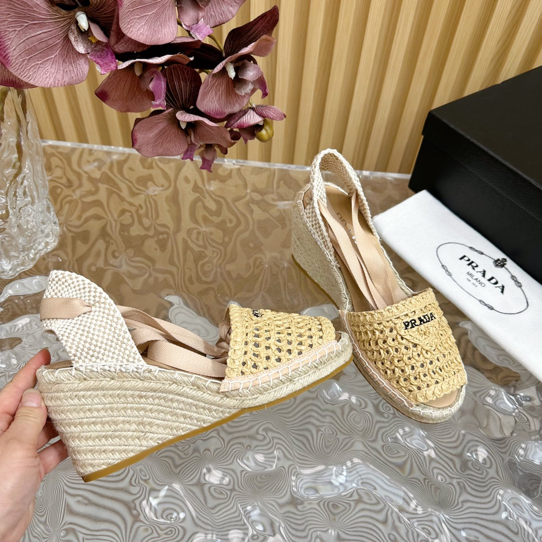 PRA ESPADRILLE WEDGE SANDALS BEIGE RAFFIA - 35