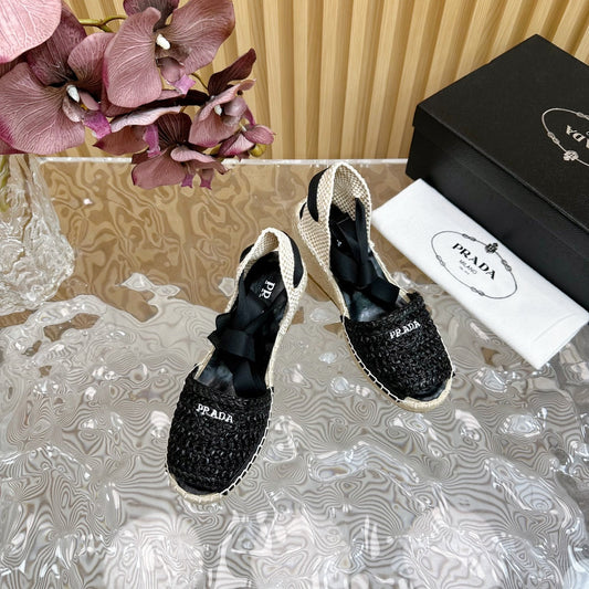 PRA ESPADRILLE WEDGE SANDALS BLACK RAFFIA - 35