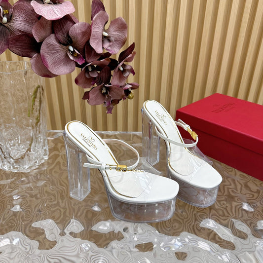 HIGH HEEL SANDAL 14CM IN WHITE CALFSKIN AND TRANSPARENT PVC - 35