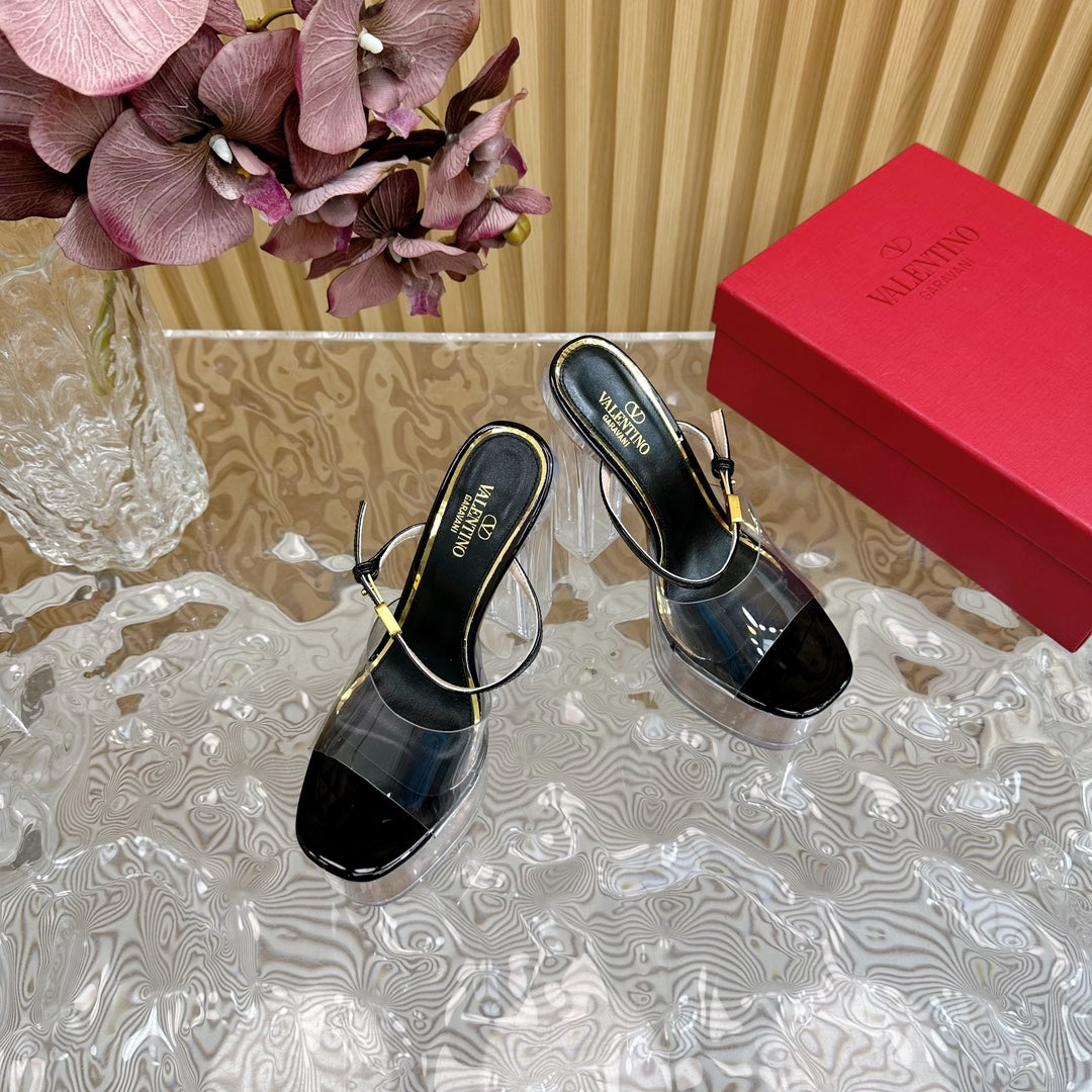 HIGH HEEL SANDAL 14CM IN BLACK CALFSKIN AND TRANSPARENT PVC - 35