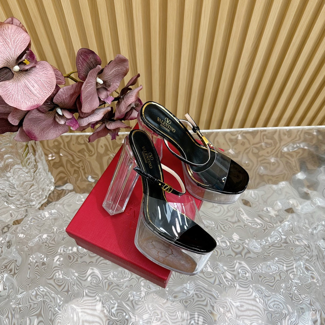 HIGH HEEL SANDAL 14CM IN BLACK CALFSKIN AND TRANSPARENT PVC - 35