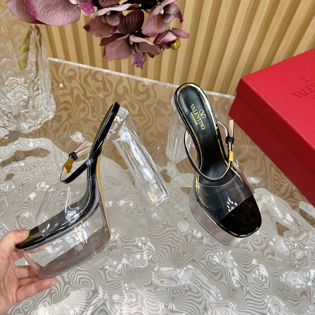 HIGH HEEL SANDAL 14CM IN BLACK CALFSKIN AND TRANSPARENT PVC - 35