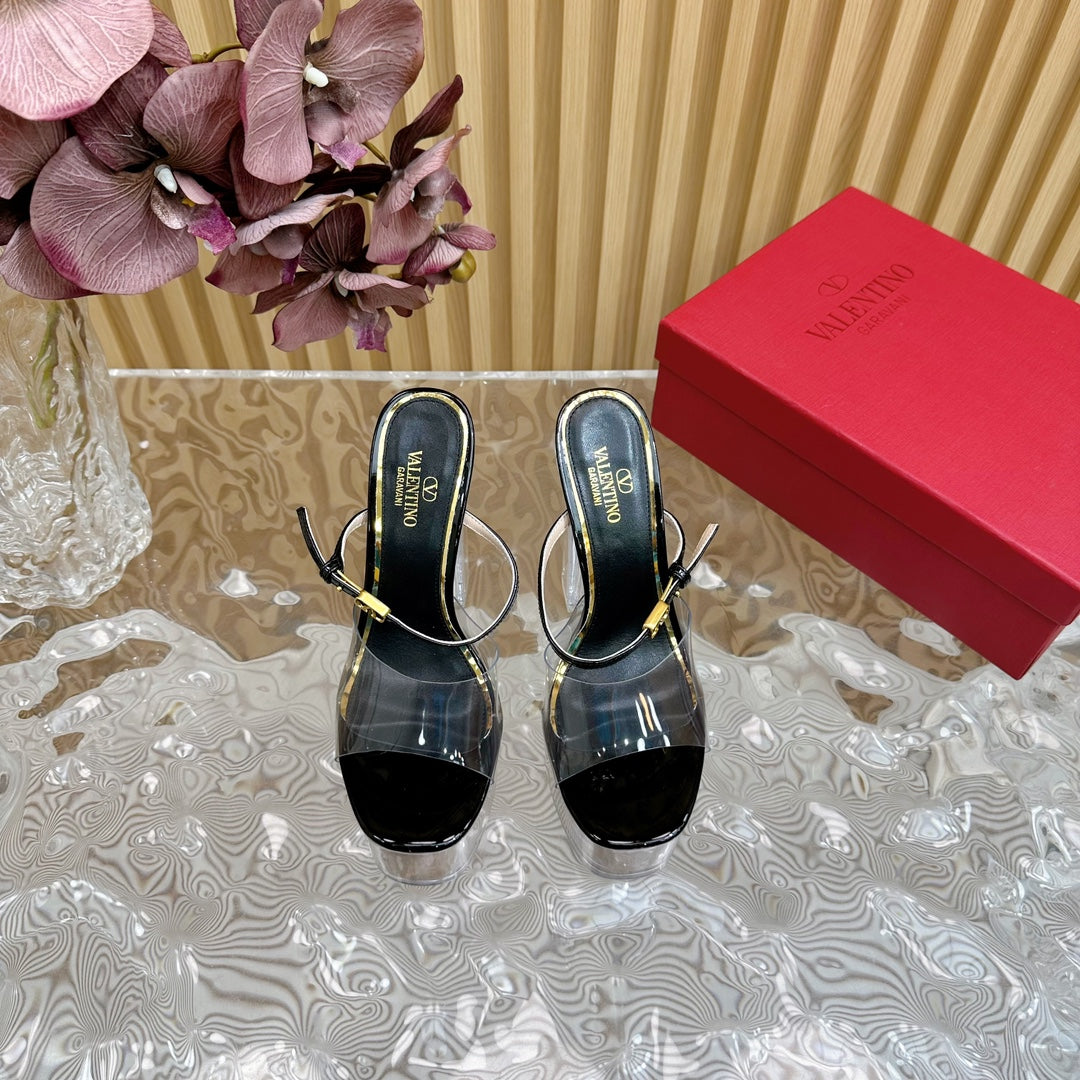 HIGH HEEL SANDAL 14CM IN BLACK CALFSKIN AND TRANSPARENT PVC - 35