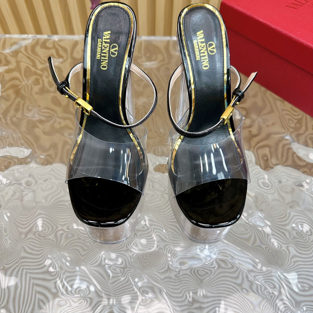HIGH HEEL SANDAL 14CM IN BLACK CALFSKIN AND TRANSPARENT PVC - 35