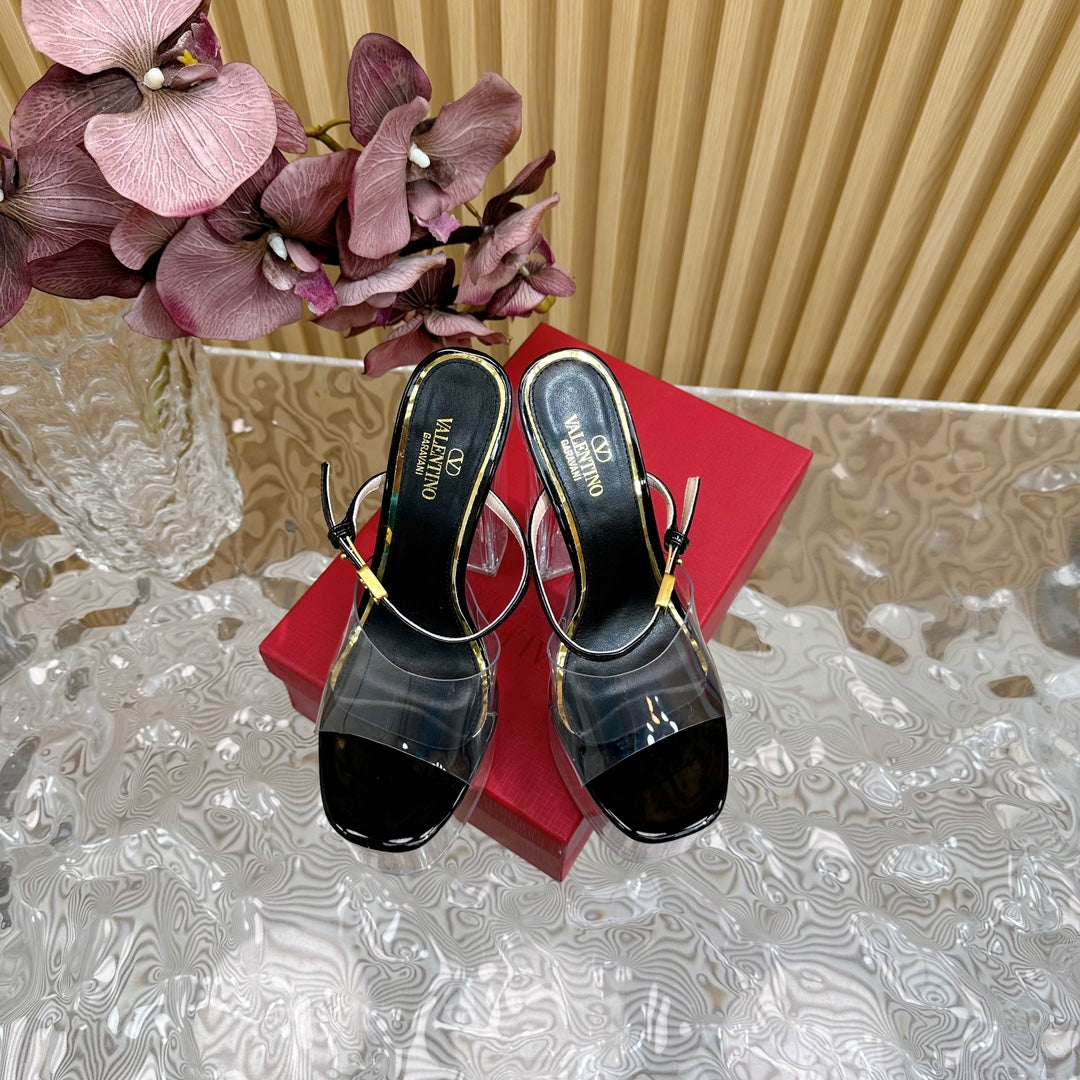 HIGH HEEL SANDAL 14CM IN BLACK CALFSKIN AND TRANSPARENT PVC - 35