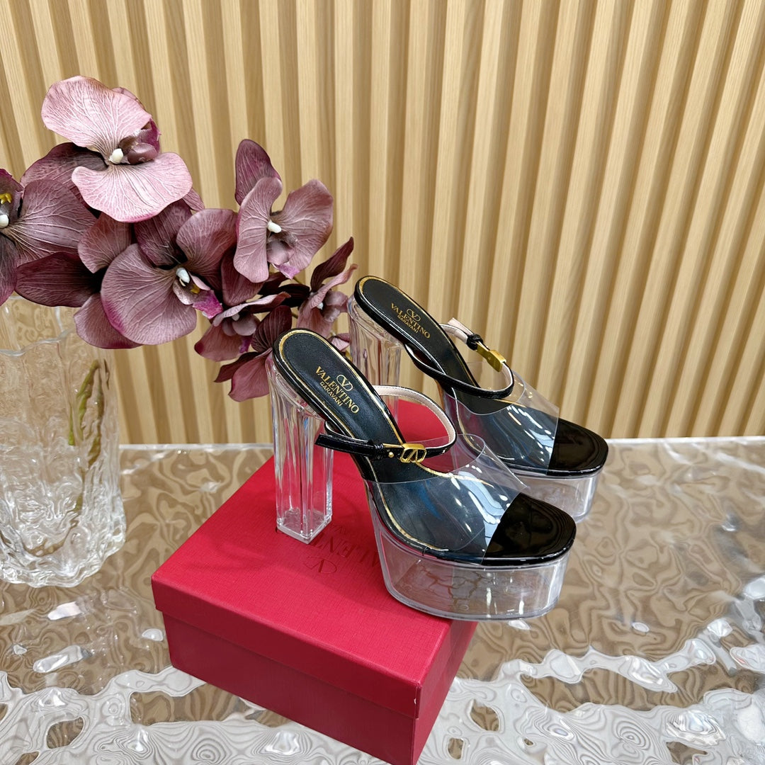 HIGH HEEL SANDAL 14CM IN BLACK CALFSKIN AND TRANSPARENT PVC - 35