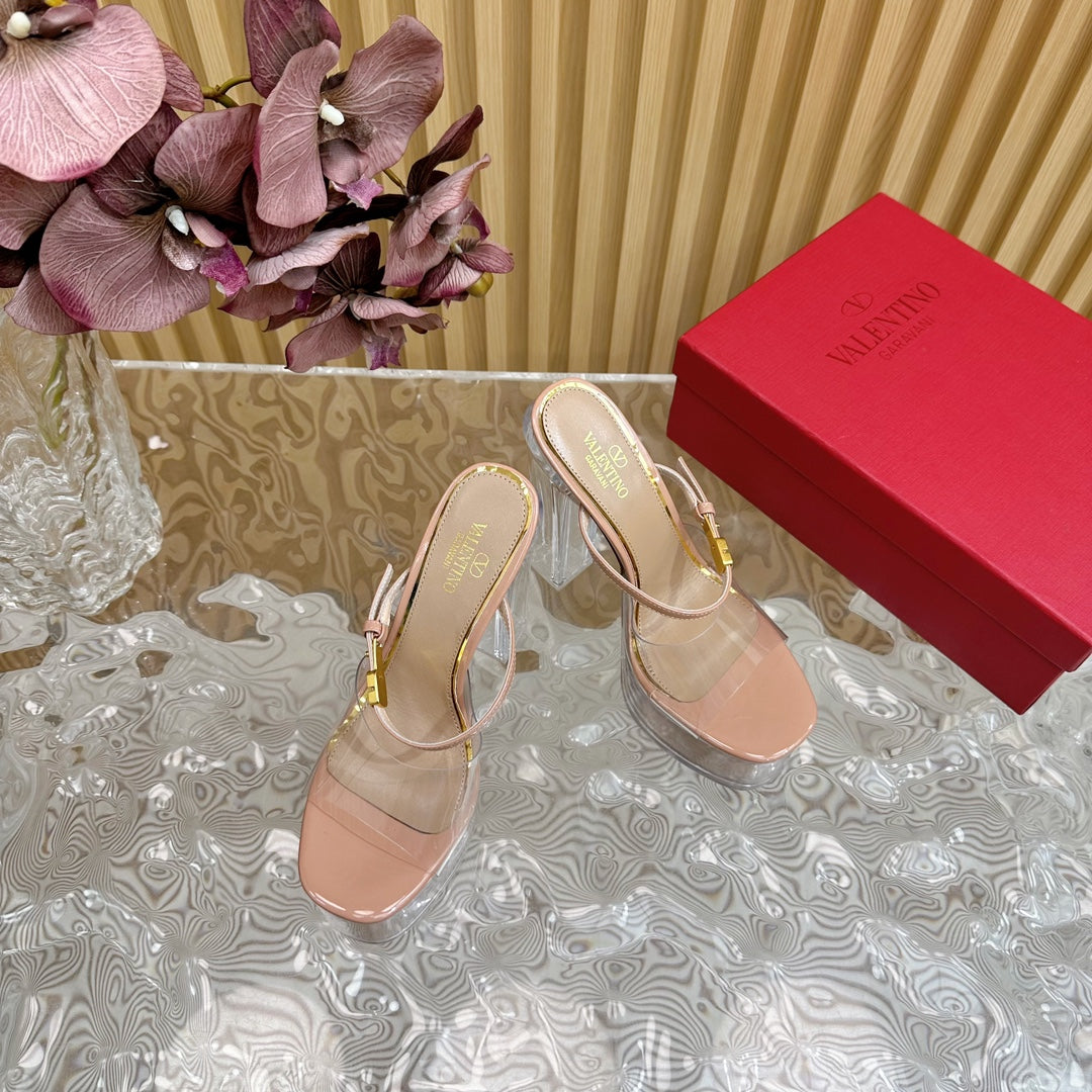 HIGH HEEL SANDAL 14CM IN NUDE TAN CALFSKIN AND TRANSPARENT PVC - 35