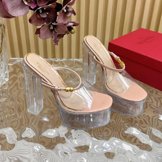 HIGH HEEL SANDAL 14CM IN NUDE TAN CALFSKIN AND TRANSPARENT PVC - 35
