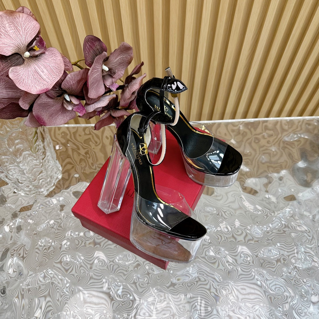 HIGH SANDAL 14CM IN BLACK CALFSKIN AND TRANSPARENT PVC - 35