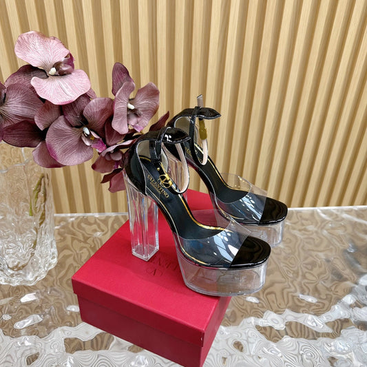 HIGH SANDAL 14CM IN BLACK CALFSKIN AND TRANSPARENT PVC - 35