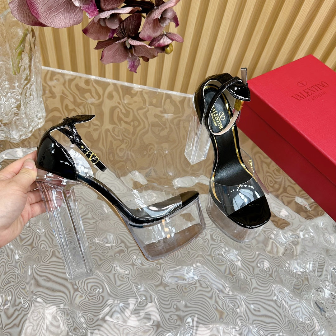 HIGH SANDAL 14CM IN BLACK CALFSKIN AND TRANSPARENT PVC - 35