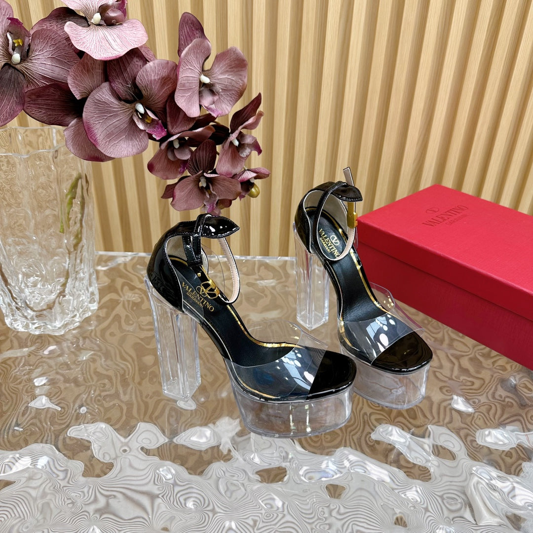 HIGH SANDAL 14CM IN BLACK CALFSKIN AND TRANSPARENT PVC - 35