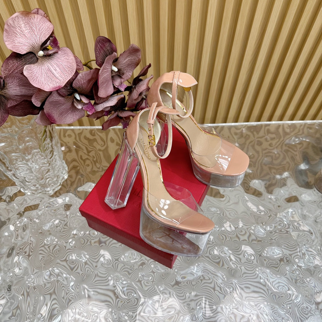 HIGH SANDAL 14CM IN NUDE TAN CALFSKIN AND TRANSPARENT PVC - 35