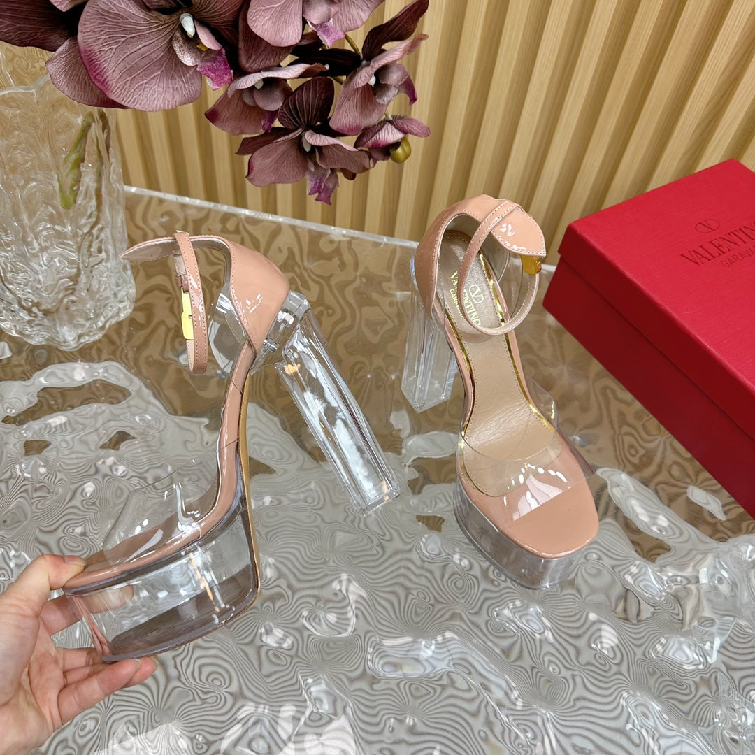 HIGH SANDAL 14CM IN NUDE TAN CALFSKIN AND TRANSPARENT PVC - 35