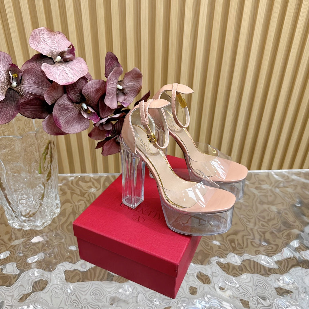 HIGH SANDAL 14CM IN NUDE TAN CALFSKIN AND TRANSPARENT PVC - 35