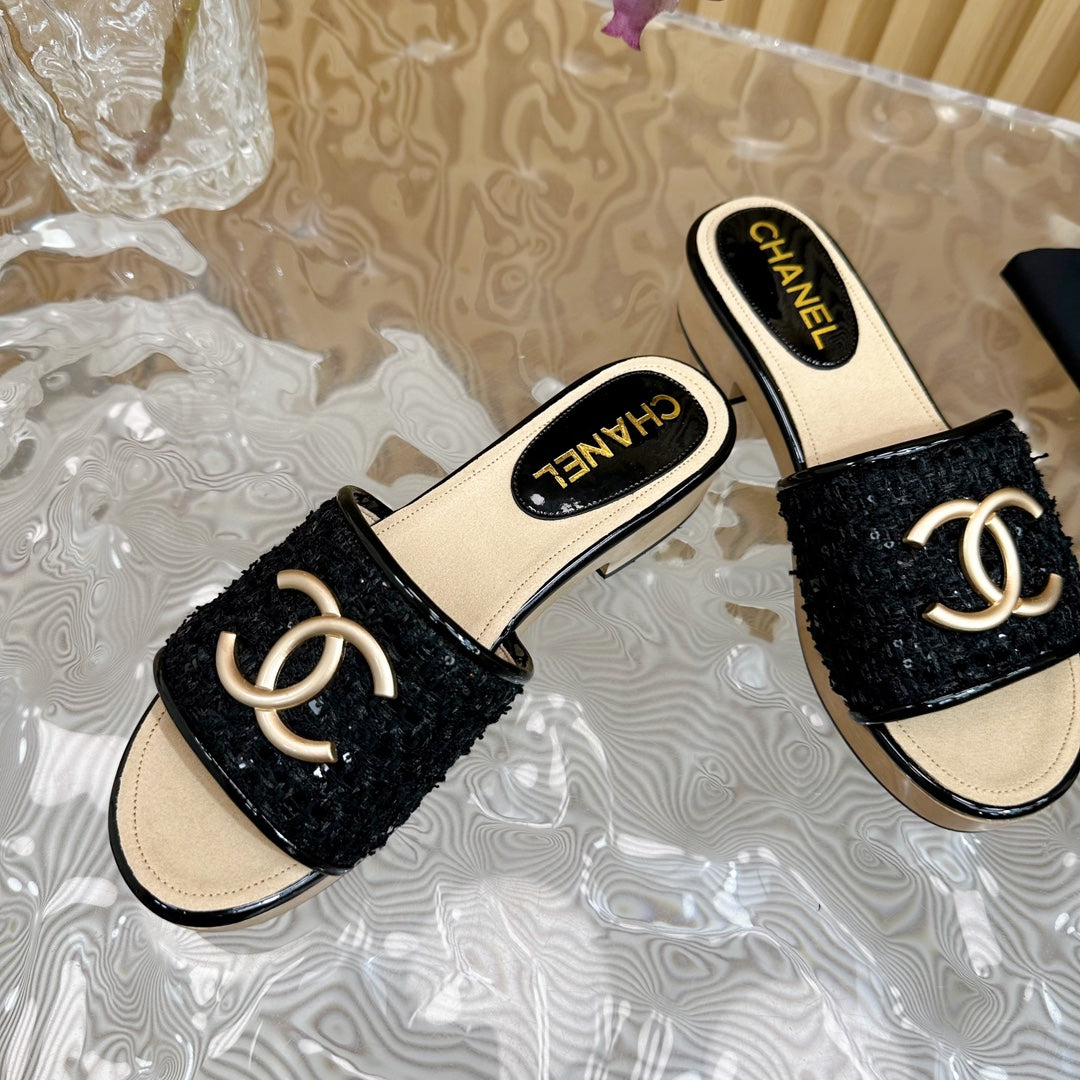 PLATFORM SLIPPERS IN BLACK TWEED AND LAMBSKIN - 35
