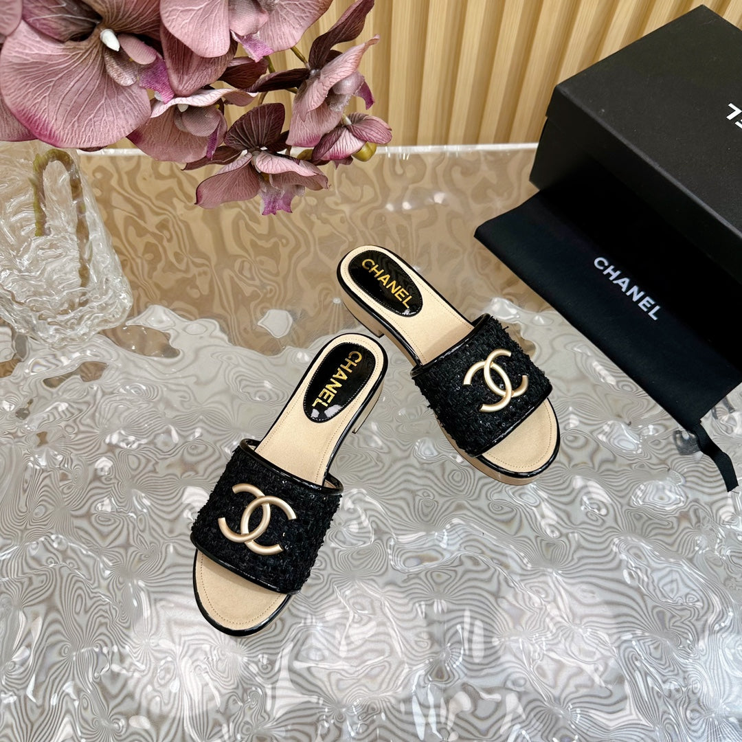 PLATFORM SLIPPERS IN BLACK TWEED AND LAMBSKIN - 35