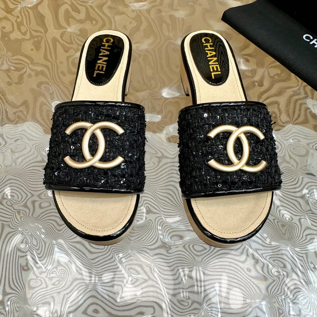 PLATFORM SLIPPERS IN BLACK TWEED AND LAMBSKIN - 35