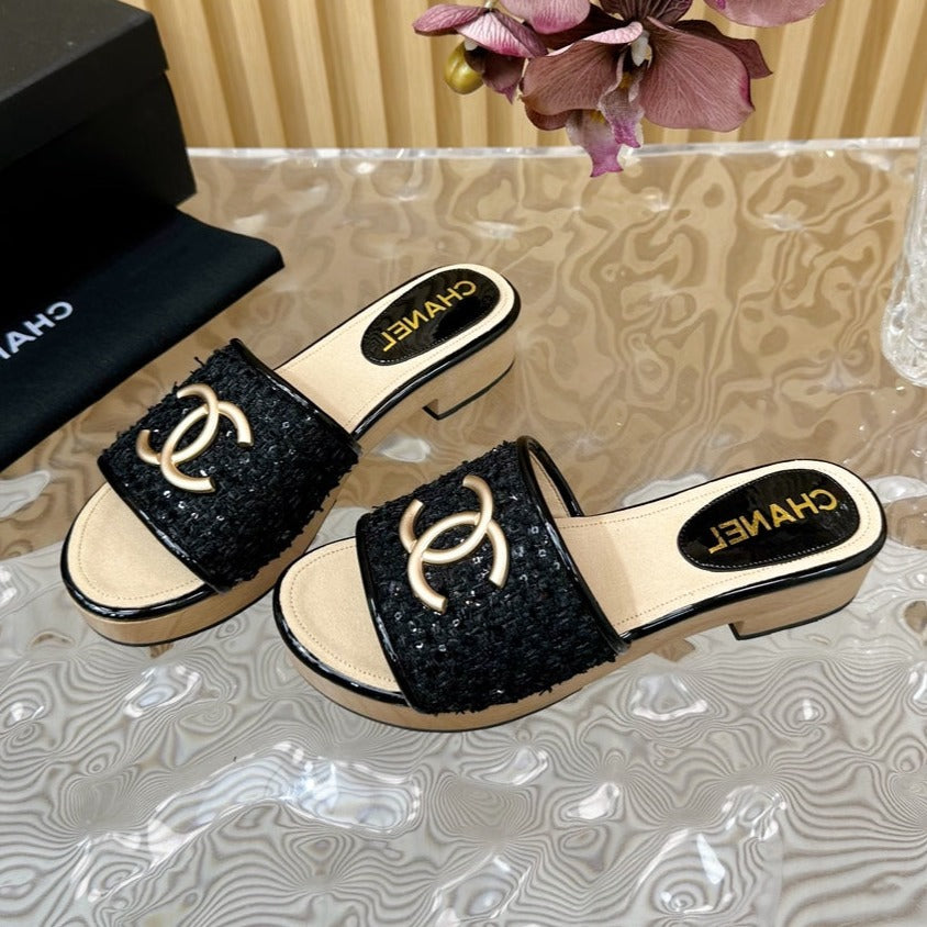 PLATFORM SLIPPERS IN BLACK TWEED AND LAMBSKIN - 35
