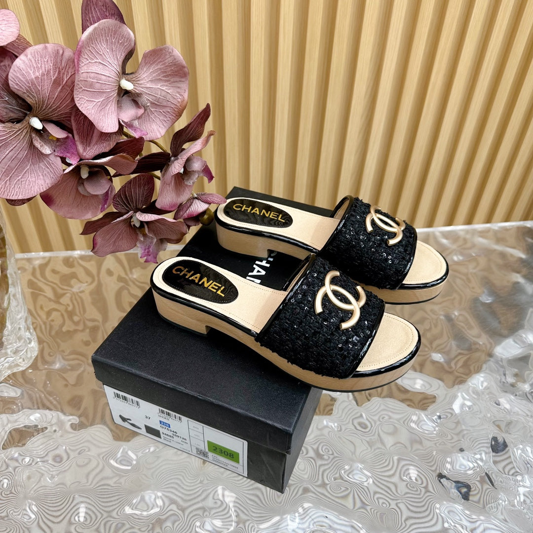 PLATFORM SLIPPERS IN BLACK TWEED AND LAMBSKIN - 35